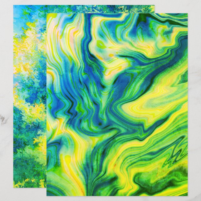 Coulée d'acrylique, Bleu, Vert, Jaune / Papier Scr (Devant / Derrière)