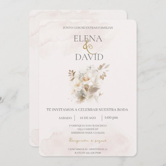 Couleur beige Faire-part de mariage espagnol (Devant / Derrière)