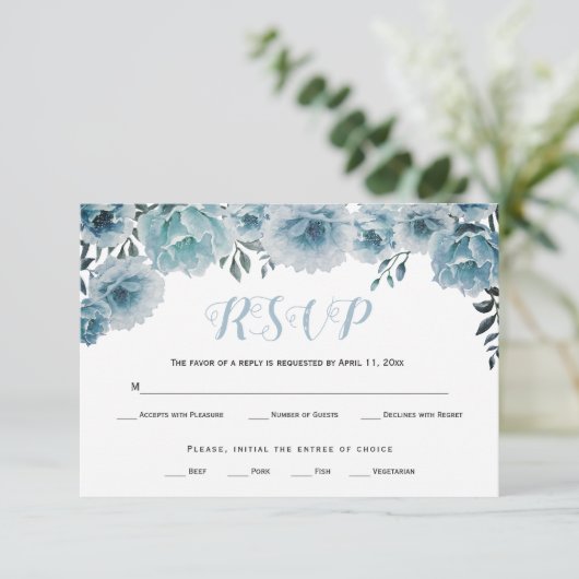 Couleur bleu foncé fleurs mariage carte RSVP (Debout devant)
