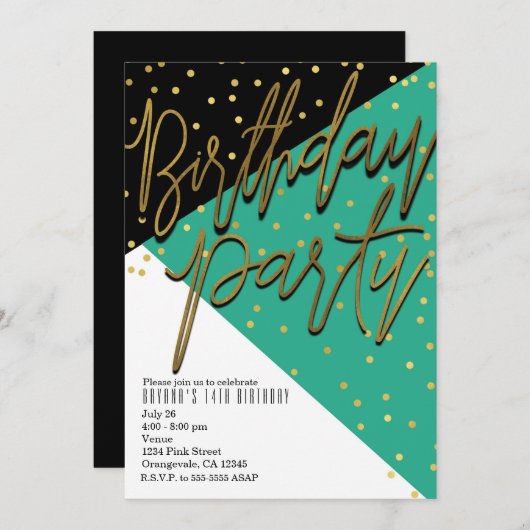 Couleur Bloc Turquoise Black Gold Invitations d'an (Devant / Derrière)