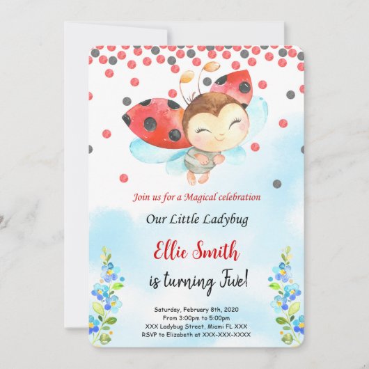 Couleur de l'eau Ladybug Invitation d'anniversaire (Devant)