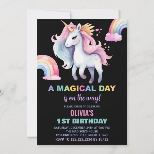 Couleur d'eau Rainbow Unicorn Invitations d'annive (Devant)