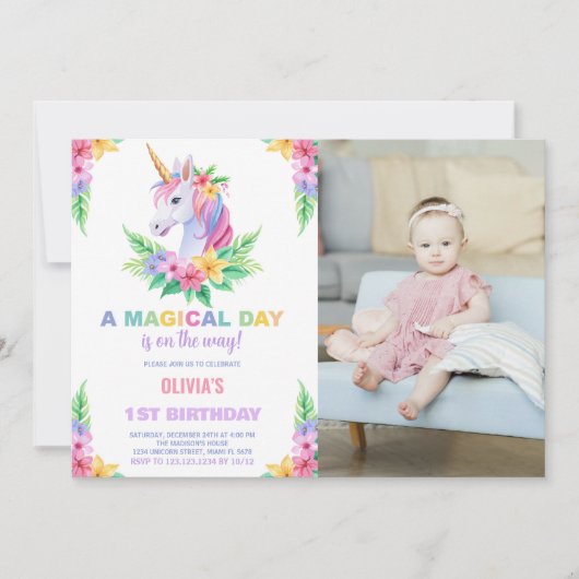 Couleur Floral Unicorn Anniversaire Invitations ph (Devant)