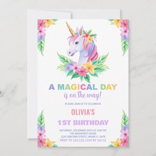 Couleur Floral Unicorn Invitations Anniversaire (Devant)