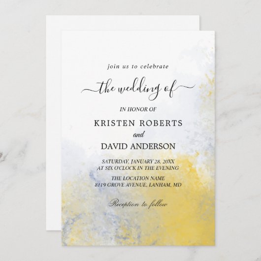 couleur laver jaune et bleu faire-part de mariage (Devant / Derrière)