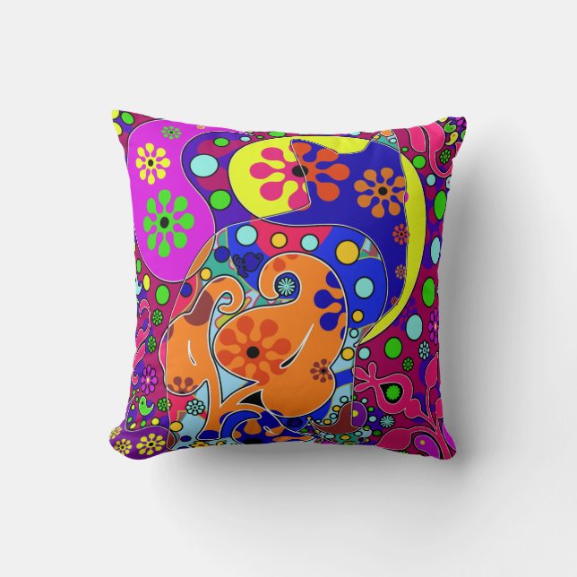 Couleur Retro Hippie Chat Lance Oreiller (Recto)