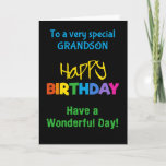 Couleurs arc-en-ciel Grandson sur carte d'annivers<br><div class="desc">Une carte d'anniversaire colorée pour un petit-fils,  avec des lettres aux couleurs vives sur un arrière - plan noir,  le mot "heureux" en jaune et le mot "anniversaire" en arc-en-ciel.</div>