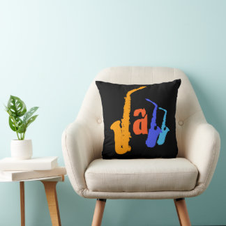 Couleurs de Jazz Sax Illustration Coussin noir