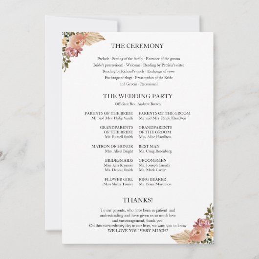 Couleurs neutres Boho Floral Wedding Programme (Dos)