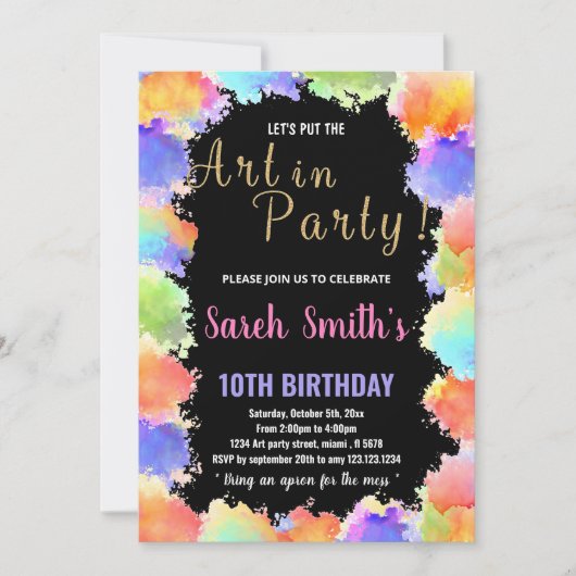 Couleurs noires dorées Peinture Invitations Annive (Devant)