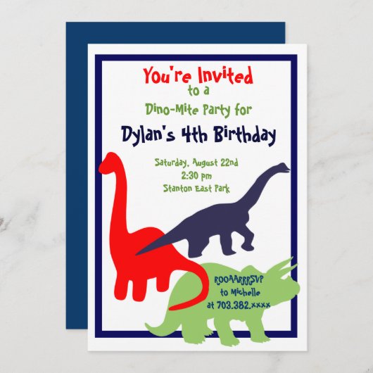 Couleurs primaires Dinosaur Invitations de fête d' (Devant / Derrière)