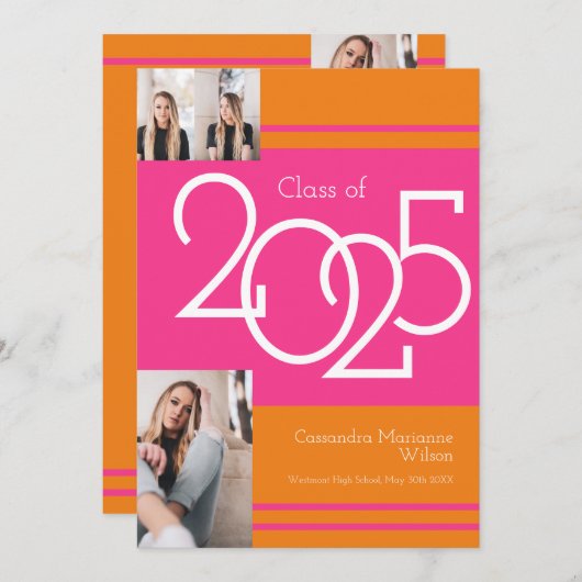 Couleurs rose orange de l'école Faire-part de dipl (Devant / Derrière)
