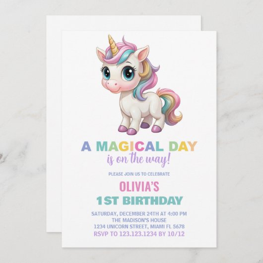 Couleurs Unicorn Invitations Anniversaire (Devant / Derrière)