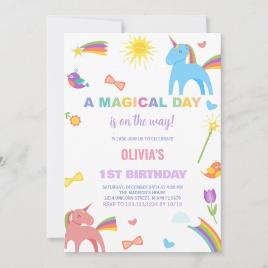 Couleurs Unicorn Invitations Anniversaire (Devant)