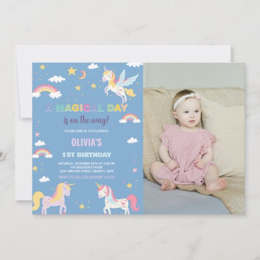Couleurs Unicornes Invitations d'anniversaire avec (Devant)