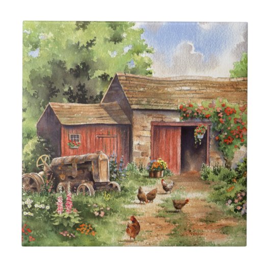 "Country Barn" Rustic Barnyard Scene Tegeltje (Voorkant)