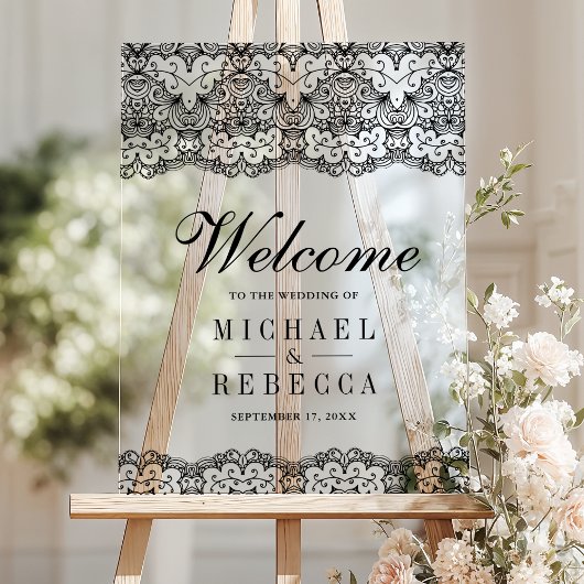 Country Black Lace Wedding Welcome Acryl Bord