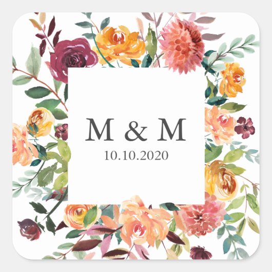Country Bloom Lijst Bloemen Chic Bruiloft Monogram Vierkante Sticker (Voorkant)