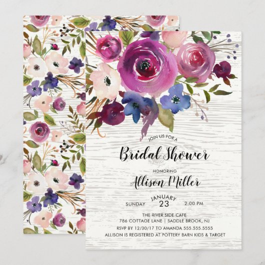 Country Blue Plum Floral Bridal Shower Invitation (Devant / Derrière)