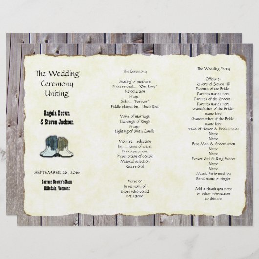 Country Boots Rustic Tri-fold Programme de mariage (Devant / Derrière)