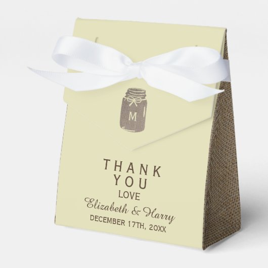 Country Burlap Mason Jar Bruiloft Bedankdoosjes (Voorkant Zijde)