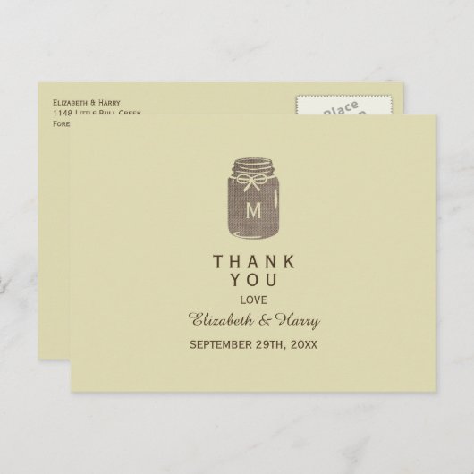 Country Burlap Mason Jar Bruiloft Dank u Briefkaart (Voorkant / Achterkant)