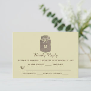 Country Burlap Mason Jar Bruiloft RSVP Kaartje
