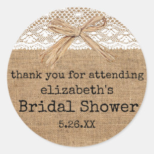 Country Burlap met Kant Vrijgezellenfeest Gast Fav Ronde Sticker