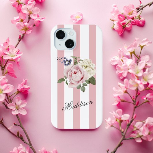 Country Chic Roze Gestreept Rose Boeket Monogramme Case-Mate iPhone Case