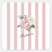 Country Chic Roze Gestreept Rose Boeket Monogramme Vierkante Sticker (Voorkant)
