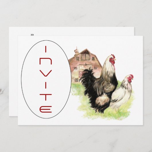 Country Chicken & Rooster Barn Scene Custom Uitnod Kaart (Voorkant / Achterkant)
