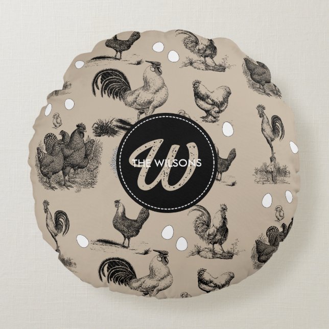 -country Chicken Rooster Egg Monogram Rond Kussen (Voorkant)
