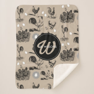 -country Chicken Rooster Egg Monogram Sherpa Deken