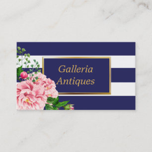 Country Chique Roze Rozen Bloemen Navy Stripes Visitekaartje