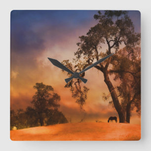 Country Clock With Horse And Sunset Vierkante Klok
