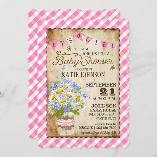 Country Daisies Gingham Check Girl Baby shower Kaart (Voorkant / Achterkant)