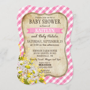 Country Daisies Pink Gingham Check Baby shower Kaart