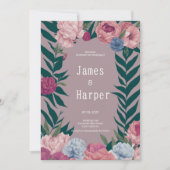 Country donkergroen mauve roze bloemen bruiloft kaart (Voorkant)