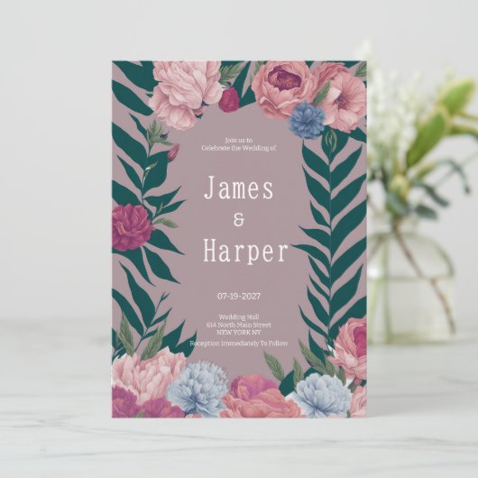 Country donkergroen mauve roze bloemen bruiloft kaart (Staand voorkant)