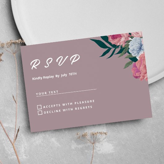 Country donkergroen roze paarse bloemen RSVP Kaart