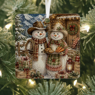 Country en Western Cowboy Sneeuwmannen Kerstmis Metalen Ornament