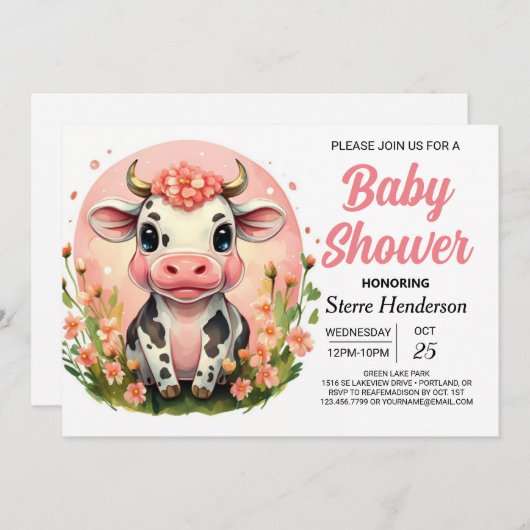 Country Enchanted Pastel Koe Baby shower Kaart (Voorkant / Achterkant)