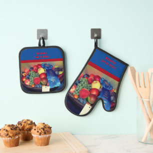 Country Fair Blauw lint Fruit gepersonaliseerd Ovenwant & Pannenlap Set