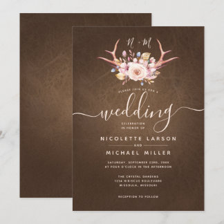 Country Floral en Antler Leather Wedding Kaart