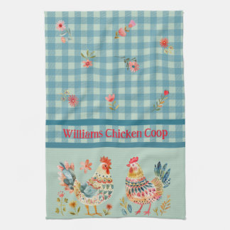 Country Folk Art Kippen op Blue Gingham Check Theedoek