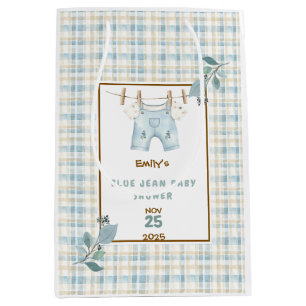 Country Gingham Blue Jean Baby shower Welkom Medium Cadeauzakje