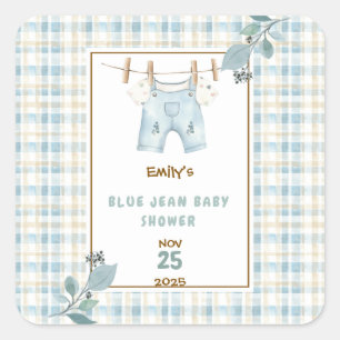Country Gingham Blue Jean Baby shower Welkom Vierkante Sticker
