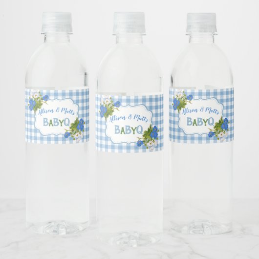 Country Gingham Check Blue Flowers Baby Q BBQ Waterfles Etiket (Flessen)