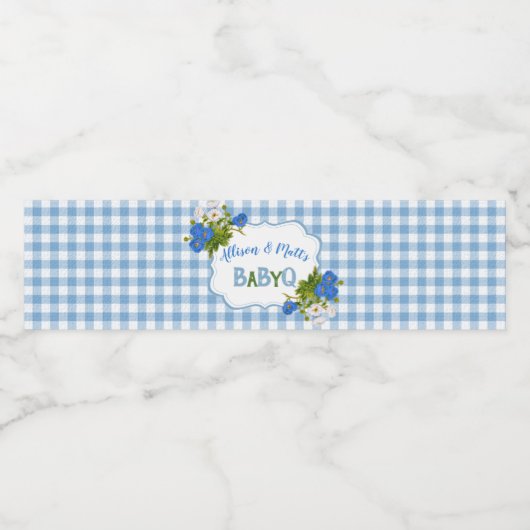 Country Gingham Check Blue Flowers Baby Q BBQ Waterfles Etiket (Enkel label)