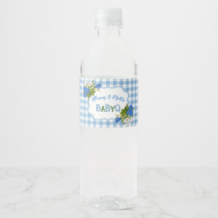Country Gingham Check Blue Flowers Baby Q BBQ Waterfles Etiket